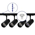 Ensemble complet Rail Monophasé Rail 2 Mètre Noir | incl. 4x Spot + GU10 2700K 3W Dimmable + Embout, Connecteur d’Alimentation et I-Connecteur